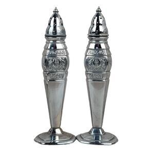 Salt Pepper Shakers Vintage Silver Plated Quaker Shakers 1491 Tall Slim FLAWS